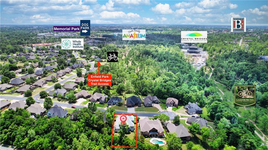 Set in a Quiet Cul-de-Sac atop a Perfectly Private Perch Amongst the Trees & the Lush Environs of Crystal Bridges’ Greenway & Trail Preserve, this 5 Bedroom, 4 ½ Bath Museum District Masterpiece is as Functional as it is Enchanting. Two bedrooms w/Full Baths on Main Level, Dedicated Office, Walk-in Pantry w/Electrical & Adjacent Office Nook, Double Ovens, Gas Cooktop, Utility Room w/Niche for Full Size Fridge, Oversized 3 Car Garage w/Electric Car Charge Capability + Bonus Room & Built-in Cubbies, all Encased in Elevated Architectural Details Have Been Designed w/the Express Purpose of Low Maintenance, Luxurious Living. This True Open Concept, Light-infused Floor Plan Offers an Eat-in Kitchen & Oversized Island for Add'l Seating, Formal Dining Room & Motorized TV Cabinet Lift for Hidden Storage when not in use. Main Level Covered Balcony just off the Kitchen Features a Concrete Floor & Trex Staircase for Easy Maintenance while Inviting Private Treetop Views & Restorative Daily Sunsets. Location, Location, Location!