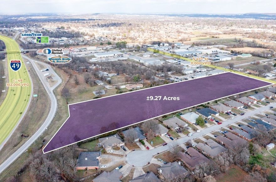 Highly visible land located just off I-49 (102,000 VPD). Flat terrain with access to all utilities.  One of the few remaining parcels with favorable C-5 zoning and I-49 frontage.  Access from S 40th Street (11,000 VPD)