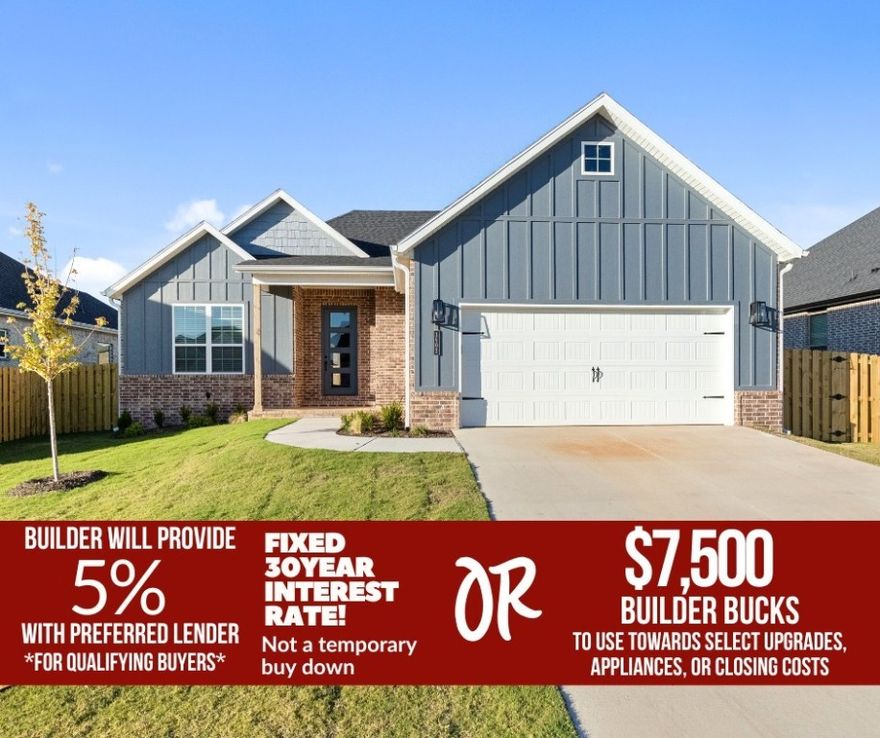 Welcome to the Dove Plan in the Yorktown Subdivision, a beautifully designed 1,886 sq ft single-story home in Pea Ridge, Arkansas. This residence offers a perfect blend of comfort and modern style, featuring durable LVP flooring in the living room, kitchen, and hallways that adds warmth and easy maintenance. A grand 8-foot front door creates an impressive entrance and fills the home with natural light, while the open-concept layout provides a seamless flow between living spaces. The spacious kitchen and cozy living area make entertaining effortless, and the covered back patio and privacy-fenced yard offer the ideal space for outdoor relaxation. Additional highlights include a two-car garage with a large utility room off the entrance and a versatile study nook perfect for work or study. For a limited time rates starting at 5% with preferred lender for qualifying buyers OR $7,500 in builder bucks. For access to see all the homes stop by the model home at 1602 Christman St. or tour open houses every Sunday 1-4.