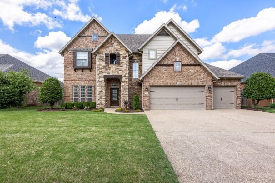 Stunning 4-bedroom home with private primary suite on the first floor in a highly sought-after neighborhood! The spacious kitchen boasts a large island, granite countertops, gas cooktop, stainless steel appliances (including refrigerator), richly stained wood cabinetry, abundant storage, pantry & separate buffet area—a chef’s dream. Enjoy soaring ceilings, natural light, & hardwood floors throughout the entry, formal dining, & living areas. The breakfast nook opens to a covered patio, overlooking a large, private backyard with wood privacy fence—ideal for outdoor entertaining. Upstairs offers 3 additional bedrooms, 2 full baths, & a flexible loft space perfect for a game room, office, or workout area. Extensive crown molding, wood-framed windows, thoughtful architectural details throughout. Located within walking distance to top-rated schools, community center, & scenic trail—this home truly has it all!  Storm Shelter (garage)  New Roof 2025