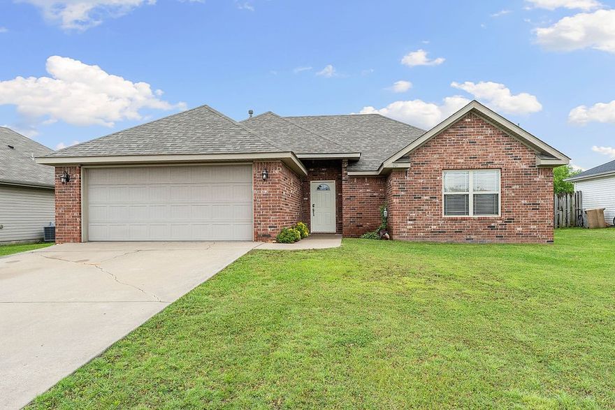 Welcome to this charming home in the Stoneburrow neighborhood in Bentonville! This 3-bed/2-bath home features a split floorplan with a spacious great room and sunny eat-in kitchen. The oversized primary bedroom has a lovely tray ceiling and large windows. The spacious ensuite bathroom has two sinks, a whirlpool tub, separate shower, and a walk-in closet. Across the home are two additional bedrooms with large closets and a guest bathroom. Outside you will find a large, fenced-in backyard and patio. Shed and firepit convey. This home features tons of storage and a floored attic. New roof May 2023. Partial fence replacement May 2023. Don’t miss out on this fantastic home!