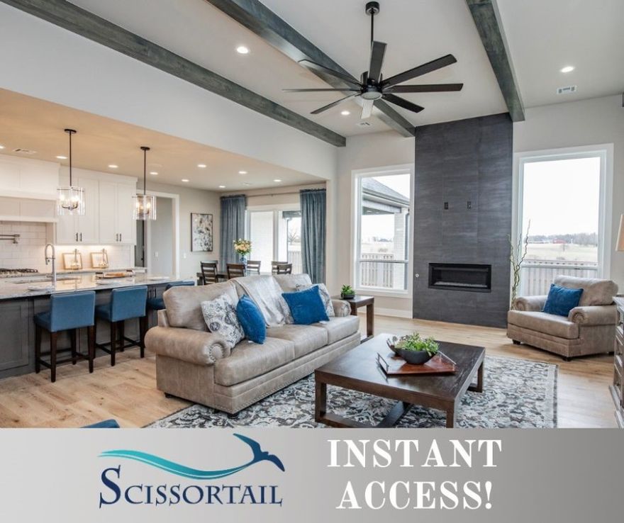 New construction modern home with gorgeous exterior in sought after gated community of Scissortail. Enjoy the stunning living room with custom beams, tiled linear fireplace, tons of light streaming through ample amount of windows and open floorplan. Kitchen features large island, stainless steel appliances, gas range, cabinets to the ceiling, double ovens, walk in pantry and storage! Home also features 5th bedroom on the main level that could also work as a study. Spacious, private master bedroom with luxurious master bathroom. Master bath with double sinks, storage, walk-in tile shower and soaking tub. Upstairs features three large bedrooms and large bonus room with wet bar. Huge covered patio with landscaping and fenced in backyard perfect for entertaining!