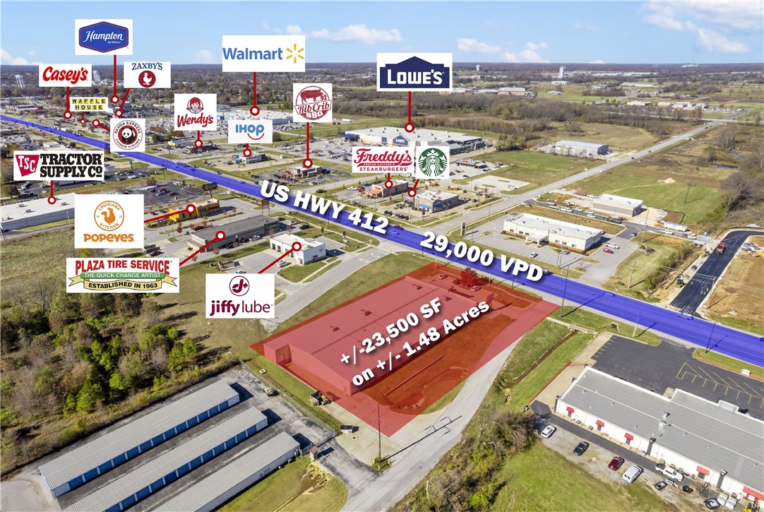 Prime +/- 23,500 retail building on +/- 1.48 acres available along HWY 412, boasting approx. 29,000 VPD. Situated near high-traffic national retails such as Starbucks, Jiffy Lube, Lowe's, Popeye's, and just 0.5 miles from Walmart Supercenter, this location ensures maximum visibility and convenience. This property features 17 parking spaces, 1 drive-in door (8'x8'), 1 loading dock (8'x8'), a large showroom floor, manager's office, and two private restrooms. Conveniently zoned C-2, and previously used as a furniture store, this versatile property is ideal for retail, warehouse, or mixed-use businesses, offering endless potential in a thriving commercial corridor. Don't miss this rare opportunity to secure a prime location in a bustling area!