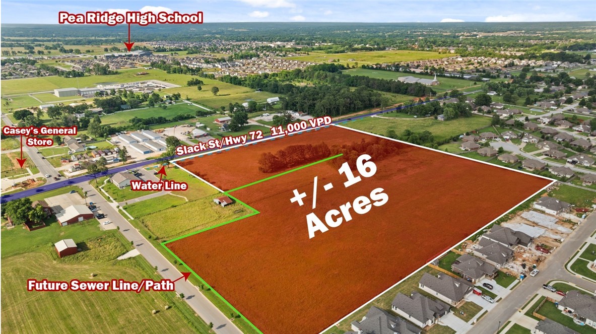 +/- 16 acres of level, cleared land right off Slack St/Hwy 72 in Pea Ridge, with approx. 10,000 VPD for high visibility. Zoned C-1 Neighborhood Commercial, this prime location is ideal for a bank, medical or general office building, retail space, or restaurant. Situated near the upcoming Casey's General Store, this property is in a thriving area. Pea Ridge is one of Northwest Arkansas' fastest growing cities, with over 400 building permits issued in 2023, surpassing even Springdale, AR!