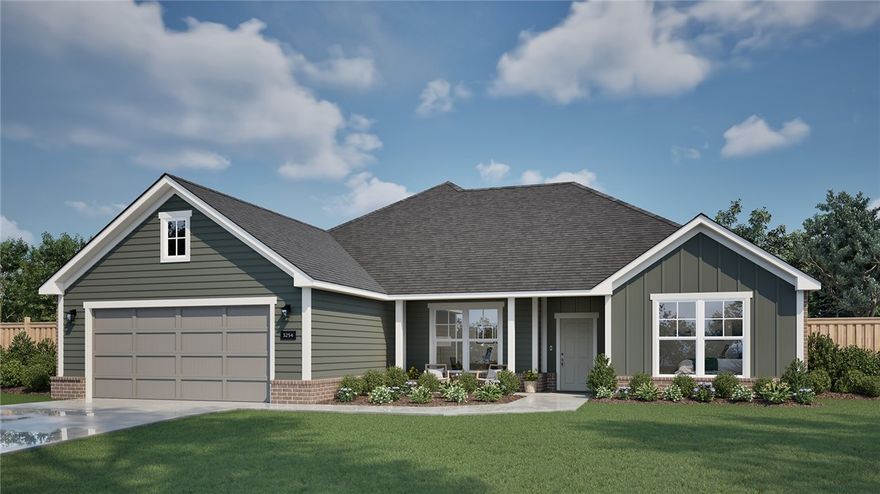 Welcome to the Hendrix, a beautifully crafted one-story ranch offering the ideal balance of comfort and luxury. Spanning 1,965 sq ft, this thoughtfully designed home features 3 bedrooms, 2 bathrooms, and a finished two-car garage. A welcoming covered front porch leads into a spacious entryway and an open-concept living, kitchen, and dining area. With direct access to a covered back patio and fenced backyard, the layout is perfectly suited for year-round entertaining—whether hosting holiday gatherings, enjoying cozy movie nights, or spending time outdoors with family and friends. The split-bedroom design enhances privacy, with the primary suite tucked away from the main living areas. This peaceful retreat includes a spa-inspired bath with a separate soaking tub and shower, along with a generous walk-in closet for exceptional storage.