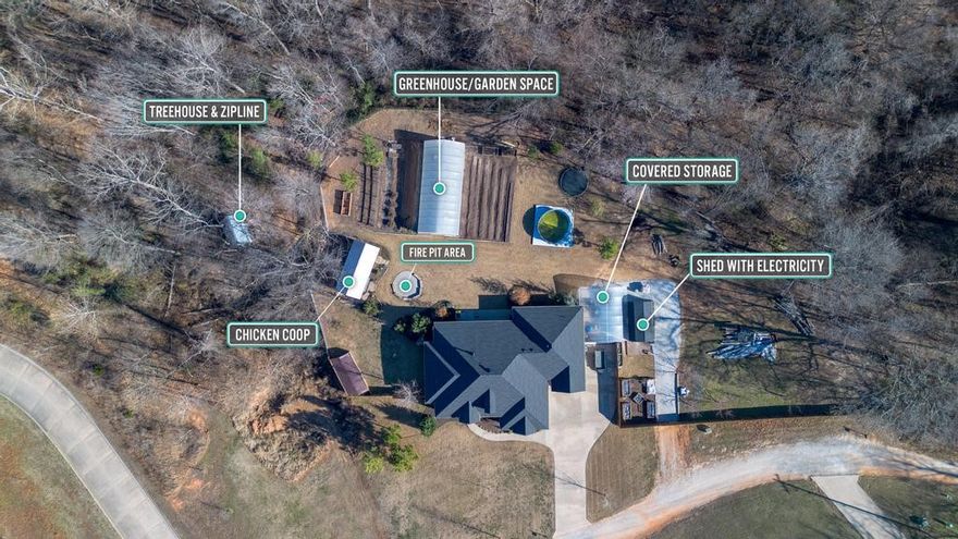 3.3-Acre outdoor oasis & custom-built home near I-49 & Bentonville West schools is an outdoor enthusiast's dream, featuring a covered back patio, new fencing, mature gardens, greenhouse, and fruit-bearing trees. The fun is endless! Enjoy the above-ground pool, cozy fire pit area, and a fantastic, insulated treehouse - complete with a zip line! Functional amenities include a chicken coop, a handy shed with electricity, and a covered storage area for equipment in the backyard. inside, find a large open floor plan on one level, hand-scraped wood floors and a thoughtful, split floor plan. The living room includes a cozy fireplace with a blower and brick accent wall. The gourmet kitchen has a large island with bar seating, stainless appliances. A massive walk-in canning pantry is nearby. The Primary suite features a walk-in shower, jetted tub and 2 walk-in closets. Three additional bedrooms flank the far side of the home with two full bathrooms. 5th bedroom is currently set up as an office. Don't want to miss this one!