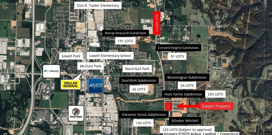 This 5.06-acre property is a prime spot for future growth. Located right next to the city park and within 1 mile of 900+ planned & established homes, it’s an ideal site for retail, mixed-use, or service businesses. Zoned C-2 Commercial, this property is ready for development in one of the fastest-growing areas of Northwest Arkansas. 

900+ new & established homes within 1 mile of site.
Zoned C-2 Commercial – flexible options for development.
Surrounded by schools, parks, and established neighborhoods.
Located in the heart of a fast-growing area of Lowell.
Excellent for neighborhood market commercial.
Benton County Parcel ID: 12-04618-000.