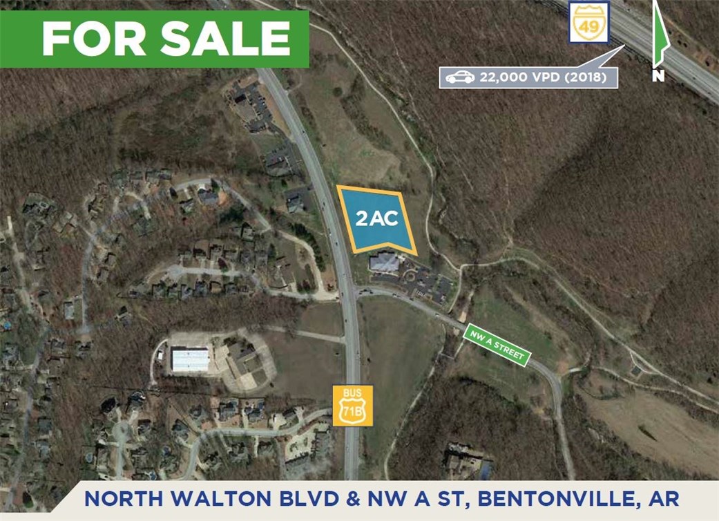 Electric, gas, water, sewer and internet are located in the adjacent lot.
2.00 acres for sale less than a mile from the new Bella Vista Bypass / Highway 71 interchange with I-49. Close to Slaughter Pen Mountain Bike Trail and the Razorback Regional Greenway. Perfect for a boutique hotel, full service restaurant, bike shop, retail shop, or medical office."