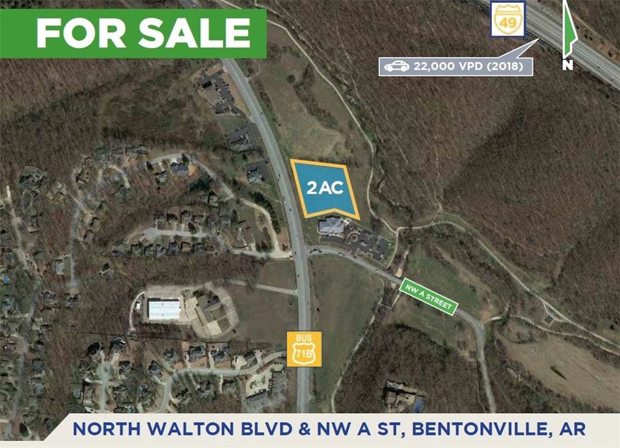 Electric, gas, water, sewer and internet are located in the adjacent lot.
2.00 acres for sale less than a mile from the new Bella Vista Bypass / Highway 71 interchange with I-49. Close to Slaughter Pen Mountain Bike Trail and the Razorback Regional Greenway. Perfect for a boutique hotel, full service restaurant, bike shop, retail shop, or medical office."