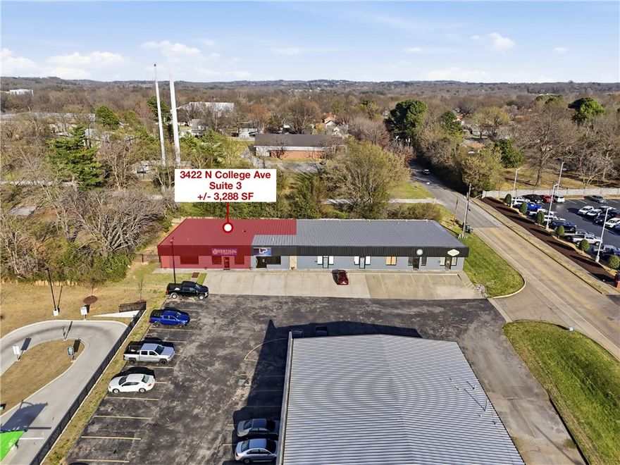 Versatile +/- 3,288 SF space available for lease in a high-visibility location off N College Ave, which see approx. 33,000 VPD and offers convenient access to the US-71 on-ramp. Currently utilized as a church, the property is well suited for a wide range of uses including professional office, medical or therapy practice, retail, childcare, etc. The layout features 5 individual rooms that can function as private offices, conference rooms, patient rooms, or storage areas, along with 2 restrooms. An expansive open area provide flexibility for collaborative workspace, therapy activities, children's play areas, or event space and features a loft area. Additional amenities include a kitchen enhancing convenience. With its adaptable floor plan, strong traffic counts, and strategic location, this property presents an excellent opportunity for businesses seeking both visibility and flexibility.