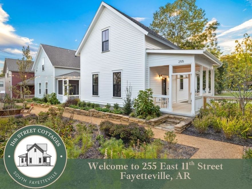 Tucked into a quiet, walkable neighborhood surrounded by native gardens, this newly built cottage is a fully solar, Net Zero home designed for modern living with timeless comfort. Just two blocks from the Greenway Trail, this walkable neighborhood puts you steps from Fayetteville’s best restaurants, shops, parks, and arts. Light fills the open floor plan, where tall ceilings, custom cabinetry, and designer finishes create a fresh, inviting feel. Enjoy flexible living with the primary suite downstairs and a large office/ guest suite upstairs, plus a sleek kitchen with generous prep space and induction cooking. Relax on the screened front porch overlooking lush gardens or unwind in your private courtyard with direct parking access. Built with Energy Star high-performance systems and a SunPower solar array backed by a 25-year warranty, this home offers unmatched efficiency, comfort, and style. Discover the luxurious simplicity of life at 11th Street Cottages - where sustainability feels like home.