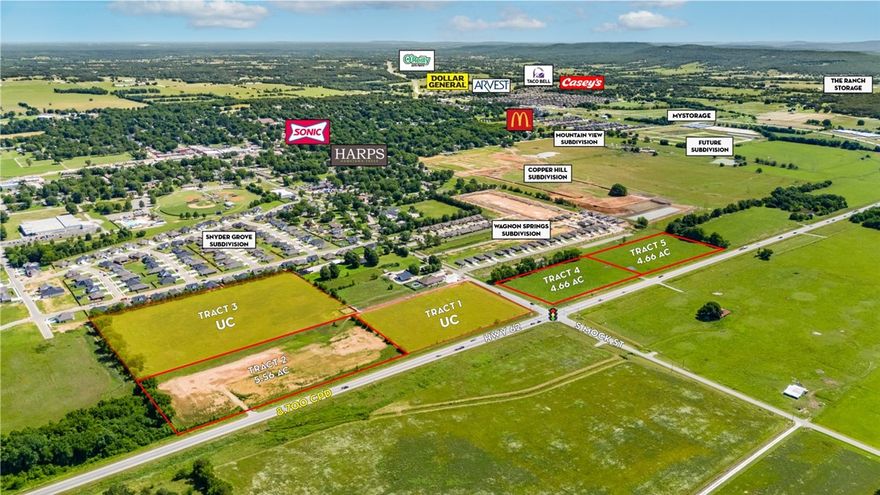 Large tracts of land ready for development along Hwy 62 in Prairie Grove. Property suits many uses and can be subdivided as needed. This is an opportunity to be centrally located in a town experiencing immense commercial and residential growth. 

Cleared & level lots with access to all utilities.
Can be subdivided as needed.
Ideal for commercial, multi-family, & residential uses. 
4-way lighted intersection with 8,700 CPD along Hwy 62.
Multiple access points along Hwy 62 & S Mock St.