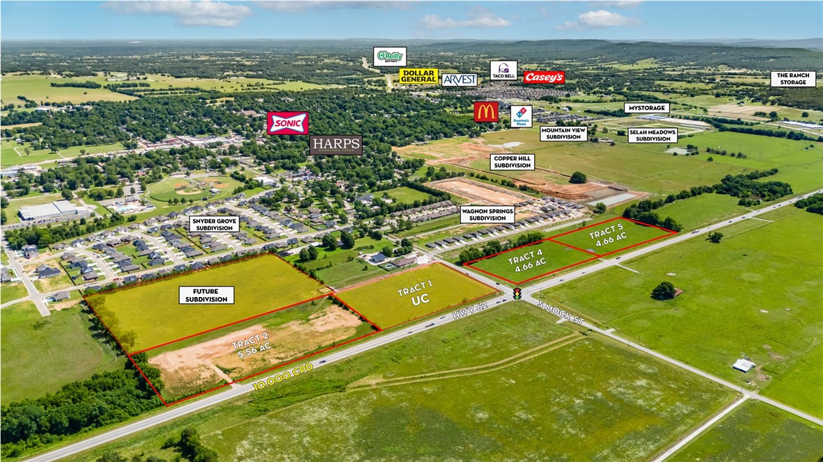 Large tracts of land ready for development along Hwy 62 in Prairie Grove. Property suits many uses and can be subdivided as needed. This is an opportunity to be centrally located in a town experiencing immense commercial and residential growth.
Cleared & level lots with access to all utilities.
Can be subdivided as needed.
Ideal for commercial, multi-family, & residential uses.
4-way lighted intersection with 10,000 CPD along Hwy 62.
Multiple access points along Hwy 62 & S Mock St.
