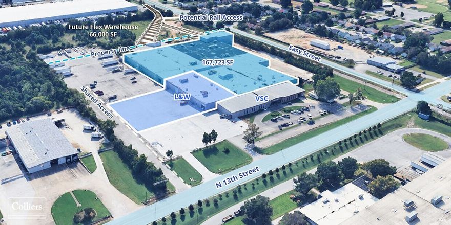 Industrial warehouse space for sale with quick access to Highway 62 near the N 13th Street and W Easy Street intersection in Rogers, Arkansas. Covered outdoor storage is included with potential rail access. Located on N 13th Street within 3.0 miles of I-49. Great end-user opportunity to own building with in-place income from current tenants. Potential rail access with bay and rail car dock and potential +/- 3.3-acre yard with +/- 10,000-SF covered storage area. Vacant space can be subdivided to 98,292 SF & 69,431 SF spaces.