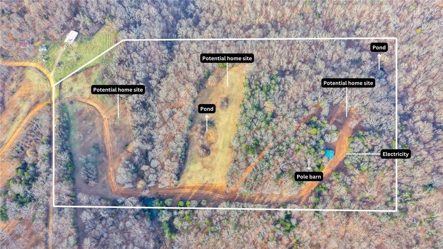 Ozark 22-acres is ready for hunting, ATV/four-wheeling trails already cleared, or building your custom cabin in the woods; with three building site opportunities. A 2025 survey has been completed, and recent major dirt work and clearing make the property truly build-ready. Features include two ponds (with mallard ducks sighted), fencing and cross-fencing, pens suitable for small farm animals, and a pole barn in great condition. Electricity has been run to the top of the hill, fiber appears to be available partway up the drive, and rural water is available at Pierson. Enjoy privacy, wildlife, and the natural beauty of the Ozarks—all that’s left to do is choose your floor plans and start building. No cell service but Starlink and Ozarks Go both show availability online; buyer to confirm. If you're wanting more land or to have friends join you an additional 8 acres across the road is for sale see MLS 1331474 or 21408 Pierson Rd.