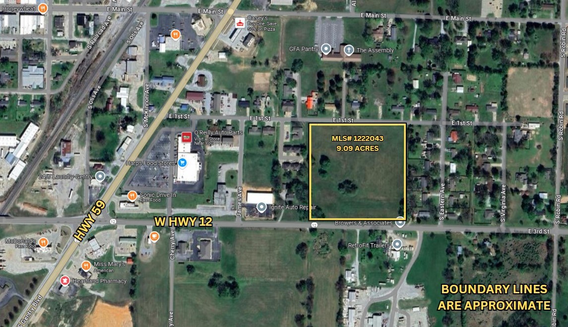 Spectacular 9 Acres right in the middle of Gentry. Perfect for housing development, multifamily, or apartments. Could potentially be commercial. Over 650' of frontage on 3rd St/Hwy 12 and 1st St. Just a block from Hwy 59 business district. Hard to find acreage like this in a better location. Potential buyers to confirm utilities for desired project(s).
