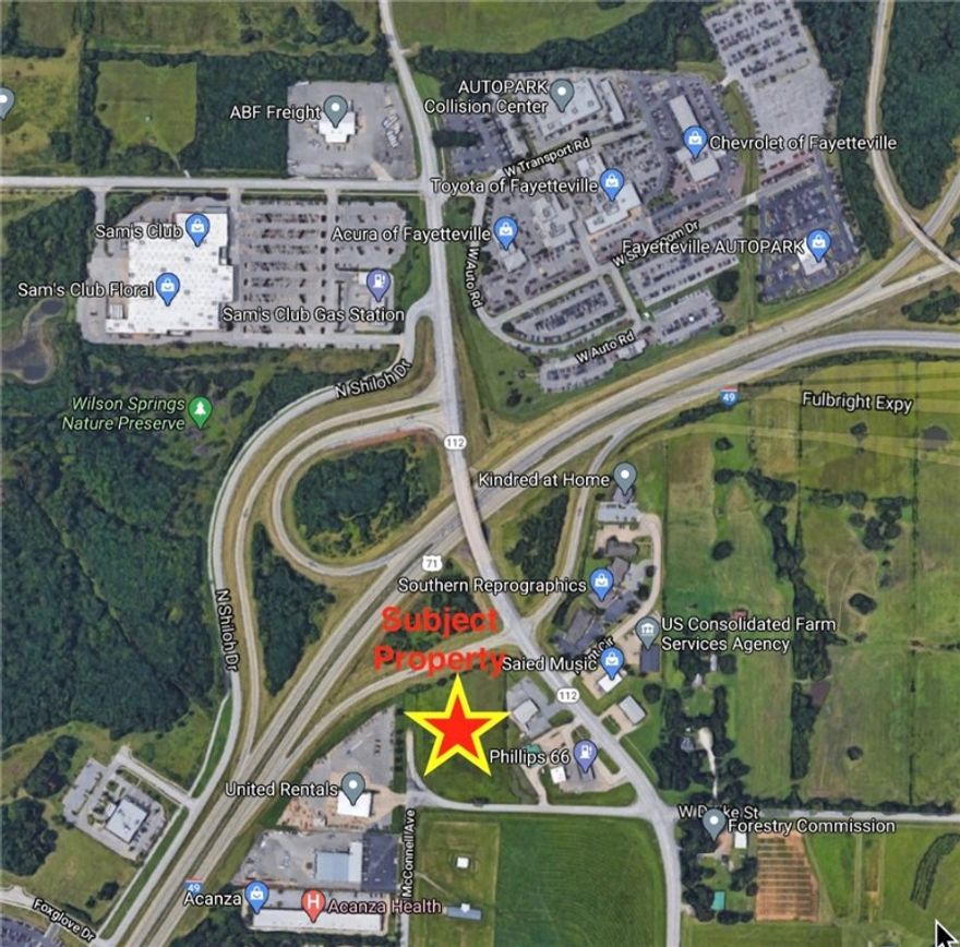 Commercial Opportunity with I-49 Corridor Visibility and Access with a traffic count of 88,000+ vehicles per day in 2019!  Level, open 3+ acres zoned C-2 (Thoroughfare Commercial).  Engineering completed for a 19,500 SF building footprint with 141 parking spaces and detention pond.  Future paved Razorback Greenway trail access at the property.  Great location for hotel, office park, restaurants, transport trades, office space, auto park, cluster housing or other commercial use with zoning allowing building upwards to 6 stories tall. Take advantage of this opportunity to develop a property that has never been on the market previously and has never be built on.  Soil and engineering has been completed for this development potential!  See Also MLS#1171042 Land. Call me today for more details!