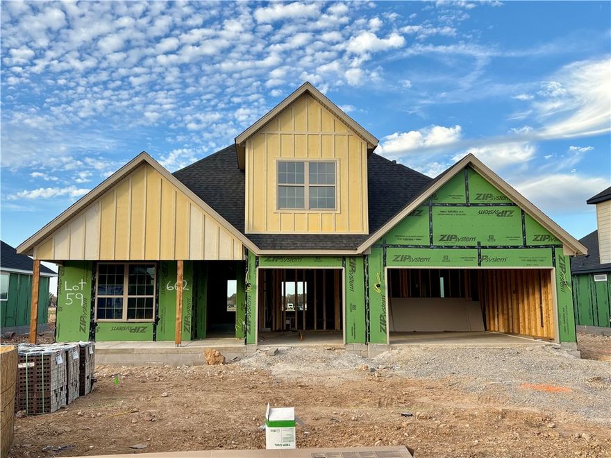 Bariloche delivers the ideal mix of comfort and convenience with a quiet suburban setting just off Highway 412. Enjoy quick access to I-49, schools, shopping, dining, and local sports venues. Welcome to the Evergreen Plan, offering 5 bedrooms, 3 bathrooms, and 2,640 heated square feet. This two-story layout features an open living area, spacious kitchen, and dedicated dining space. The primary suite includes a soaking tub, walk-in shower, and large walk-in closet. Four additional bedrooms and two full bathrooms provide plenty of space for family, guests, or office use.Finishes include luxury vinyl plank flooring in the main living areas, tile in wet areas, and carpet in the bedrooms and closets. A covered patio, 3-car garage, fenced backyard, gutters, and blinds make this home move-in ready.