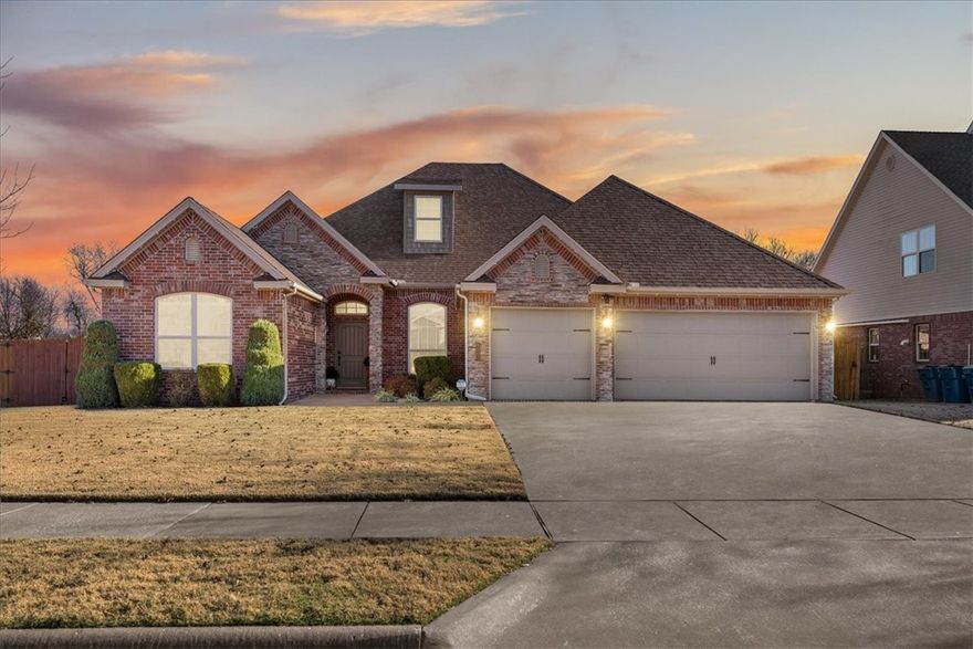 If you've been waiting for the perfect Bentonville location, this is it!! This beautiful home blends style, comfort, & convenience in the sought-after Brighton Heights community. The open floor plan is ideal for everyday living & entertaining, featuring custom built-ins, natural light, 3 car garage & a storm shelter. All bedrooms are on the main level, with a spacious bonus room & full bath upstairs. The kitchen offers granite countertops, a large island, double ovens, gas cooktop & a walk-in pantry. Enjoy updated chandeliers & an under-the-stairs play space or dog nook adding charm and functionality. The fully fenced backyard has a covered patio, space for outdoor dining, & a convenient dog door. Located steps from the elementary, middle, and junior high schools & just two blocks from the community pool & playground, this home also provides easy access to the Bentonville Community Center, Creekside Park, pickleball courts, splash pad, fitness classes, soccer fields, shopping, and dining. This one won't last long!