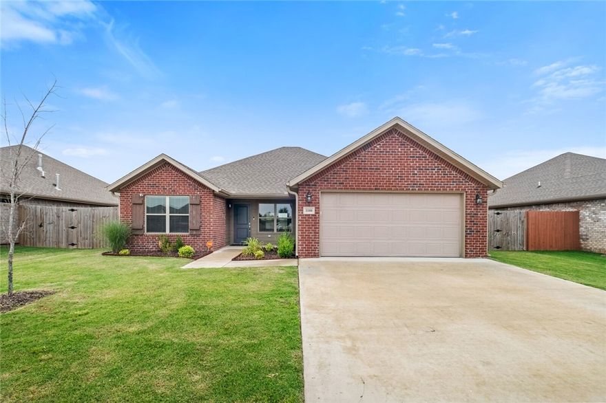 Beautiful 3 bed, 2 bath home in Centerton's Hilldale subdivision. Built in 2022, this one-level home features an open layout, gas fireplace, granite countertops , stainless appliances, and luxury vinyl flooring. The spacious primary suite includes a tiled shower and walk-in closet. Enjoy a fenced backyard, 2-car garage, and covered porch. Close to schools, shopping, and Bentonville amenities. Move-in ready and full of modern charm!
