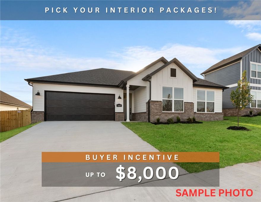 Fence, blinds and gutters included! Discover your dream home in the new neighborhood- Jacob's Crossing. Benton plan with garage on the left and West facing! Select your interior packages! 10 ft ceilings in the living/kitchen area, linear electric fireplace in the living, 1 level, LVP flooring throughout the main living areas and primary bedroom, quartz countertops and more. Chef's kitchen boasting frigidaire stainless steel appliances, gas range, pantry, quartz countertops, bar pull handles, large island and gorgeous backsplash. Luxurious primary bedroom features abundant natural light, while the spa-like primary bathroom offers a walk-in shower, double sinks, and spacious walk-in closets. Additional features include three large secondary bedrooms and a separate laundry room. Nestled on a generous lot with covered patio that overlooks the serene sodded, fully fenced backyard. Sturdy concrete siding! Model home located at 3631 Tranquility St- Lot 1.