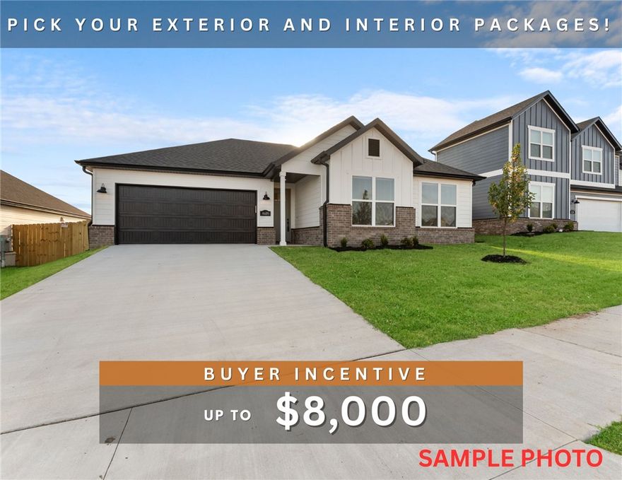 Fence, blinds and gutters included! Discover your dream home in the new neighborhood- Jacob's Crossing. Benton plan with garage on the left and West facing! Select your exterior and interior packages! 10 ft ceilings in the living/kitchen area, linear electric fireplace in the living, 1 level, LVP flooring throughout the main living areas and primary bedroom, quartz countertops and more. Chef's kitchen boasting frigidaire stainless steel appliances, gas range, pantry, quartz countertops, bar pull handles, large island and gorgeous backsplash. Luxurious primary bedroom features abundant natural light, while the spa-like primary bathroom offers a walk-in shower, double sinks, and spacious walk-in closets. Additional features include three large secondary bedrooms and a separate laundry room. Nestled on a generous lot with covered patio that overlooks the serene sodded, fully fenced backyard. Sturdy concrete siding! Model home located at 3631 Tranquility St- Lot 1.