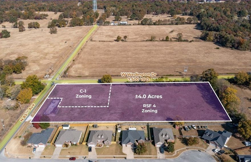 Approximately 607 linear feet of frontage on W Wedington.  Zoning is C-1 & RSF 4.  Seller will subdivide the ±0.95 Ac commercial lot on the corner of W Wedington Dr & N 85th Ave.  On-site income producing wastewater treatment facility.  4.7 miles to I-49.