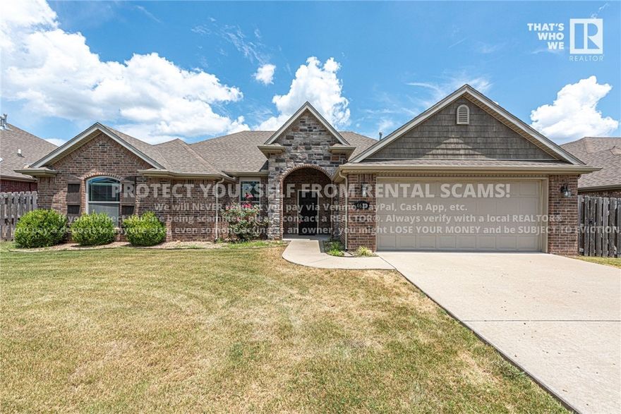 COMING SOON! Available approx. 7/28/25! Check out this gorgeous 3 bedroom 2 bathroom home located near trails, schools, eateries, and a short drive from the University of Arkansas! Head inside to see the open concept living room & kitchen with a gorgeous gas log fireplace, island with breakfast bar, granite countertops, and a pantry! Check out the primary bedroom with carpet flooring & tray ceiling, and bathroom with a stunning bath tub, double sink vanity, and walk in closet! Relax and relish under the covered back patio with a ceiling fan, and enjoy the outdoor privacy in the fenced in backyard! NO CATS. *Available date may change. Property is tenant occupied - do not disturb the tenant. **Tenant is responsible for all utilities and lawn care/maintenance.