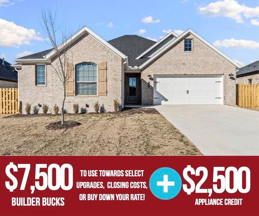 Welcome to the Mallard – this single-story home featuring a 2-car garage and a beautifully connected open-concept layout. Step inside to an inviting open living, dining, and kitchen space, perfect for entertaining or everyday living. The utility room conveniently located off the primary suite adds ease and functionality to your daily routine. Enjoy elevated comfort with a reliable gas water heater, ensuring efficient hot water throughout the home. Step outside to the covered back patio—already equipped with a fan and TV hookup—offering effortless outdoor relaxation and entertainment year-round. With its thoughtful layout, modern features, and prime location, the Mallard floor plan delivers the perfect blend of convenience, style, and comfort for today’s homeowners. For a limited time, Lower your interest rate with $7,500 from the builder + $2,500 appliance allowance + up to 4k in closing costs from select lenders. For a total of up to 14K with lender incentives. Fence, blinds, and gutters are all included.