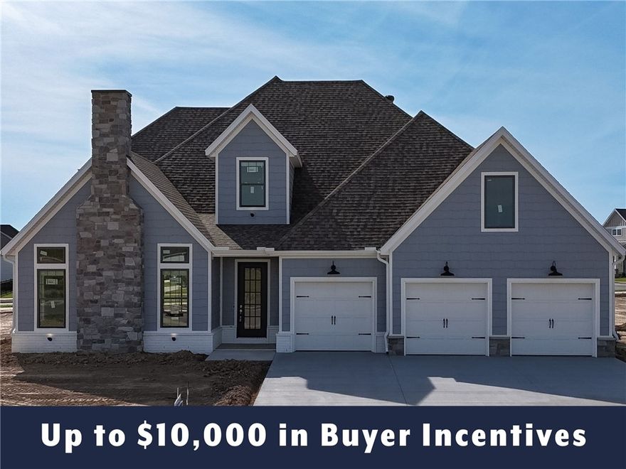 Up to $10,000 in buyer incentives available, including $6,500 from the builder and $3,500 from the preferred lender. These incentives may be used toward closing costs, prepaids, or a rate buydown. The builder portion may also be used as an appliance credit. Located in County Line Square near Shaw Family Park. The Glenwood opens to a vaulted living room with a fireplace and engineered hardwood floors throughout the first floor. The dining and kitchen area connect to the covered back patio through sliding glass doors. The kitchen includes a large island, ceiling-height cabinets, GE Profile appliances, and a pantry. Down the hall are the laundry room, 3-car garage access, a guest bedroom, and a full bathroom. The primary suite also features a vaulted ceiling, double vanity with centered makeup vanity, walk-in shower, and walk-in closet. Upstairs offers 3 additional bedrooms and a full bathroom. Fence, blinds, and gutters are included, and a community pool and pavilion are coming soon for residents to enjoy.