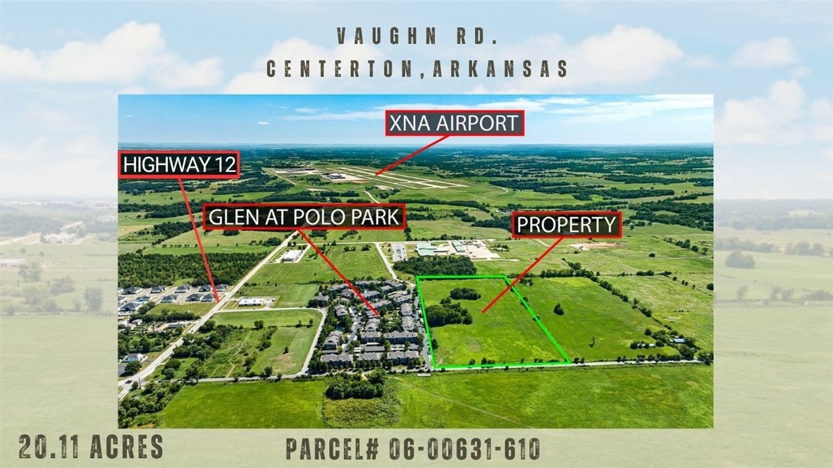 20 acres on Vaughn Road in Centerton’s fastest-growing corridor. Prime frontage with immediate access to SW Regional Airport Blvd, which carries over 11,000 vehicles daily. Just 5 minutes to XNA and 15 to I-49. Zoned RTH-D, ideal for single-family townhome development in one of the most in-demand markets in Northwest Arkansas. Water line at the street and sewer approximately 2,100 feet west. Primarily open land with minimal trees allows efficient site planning. Surrounded by new residential communities, retail growth, and major infrastructure investment. This location offers the visibility, access, and momentum developers need to move quickly and maximize returns.