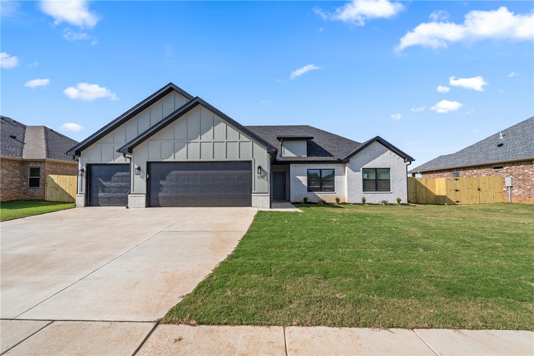 Brand new layout in Summerfield Subdivision with 3 Bedrooms, 2 full baths and a 3 car garage. Living Areas are open but are defined spaces perfect for entertaining. The Kitchen has a large island plus stainless steel appliances including a gas range and a vented microwave. Large Living room with a trey ceiling and a gas log fireplace. The Primary Suite has a large bathroom with 2 separate vanities, a fully tiled shower and a bathtub. The Primary closet is massive - you must see it! The Utility Room has lots of storage and a countertop to make folding laundry a breeze. Trendy exterior finish featuring a combination of brick and concrete siding. Walking distance to Creekside Park which features a walking trail, picnic tables & benches, large playgrounds, basketball courts, tennis/pickleball courts, a ninja course, disc golf course & a pavilion. Blinds, gutters & a full fence are also included.