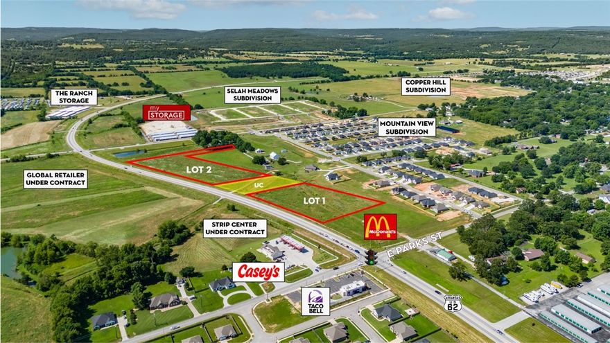 Commercial lots along Hwy 62 next to Casey's General Store, Taco Bell, & McDonald's. This is an opportunity for your business to be a part of Prairie Grove's newest commercial corridor! 

- Lots can be subdivided as needed
- Surrounded by new and developing subdivisions
- Plans for sewer to become available for full acreage
- Lot 4 under contract with major global retailer
- Topographical survey available upon request
- 11,000 CPD along Hwy 62