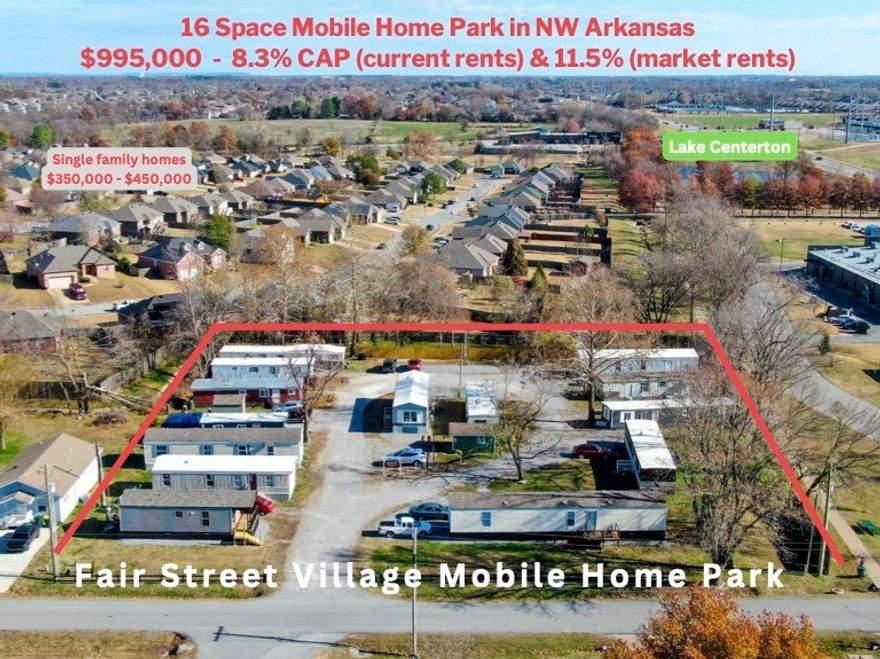 Fair Street Village is the only mobile home park in Centerton or Bentonville, AR, which is home to Walmart and their brand new 350 acre campus. 8 restaurants within walking distance to the park, and there is a large lake and park within a five minute walk. Centerton is one of the fastest growing cities in Arkansas.



The park has 7 park owned homes, two vacant pads, and 7 tenant owned homes. All of the park owned homes have been renovated except one. City water and City sewer and 200 AMP electric to 12 of the 16 sites, separately metered. Almost all of the homes have brand new mini splits installed for heat and AC.  There is a laundry room with two washers and two gas dryers. Water and sewer lines are PVC, and much of those lines have been replaced including the main sewer line. 

Lot rent is $450 for the Tenant Owned Homes, and 12 of the residents pay their own electric. The 7 Park Owned Homes have a market value of $175,000, and there are 32 parkings spaces. Total of 28BR & 16BA