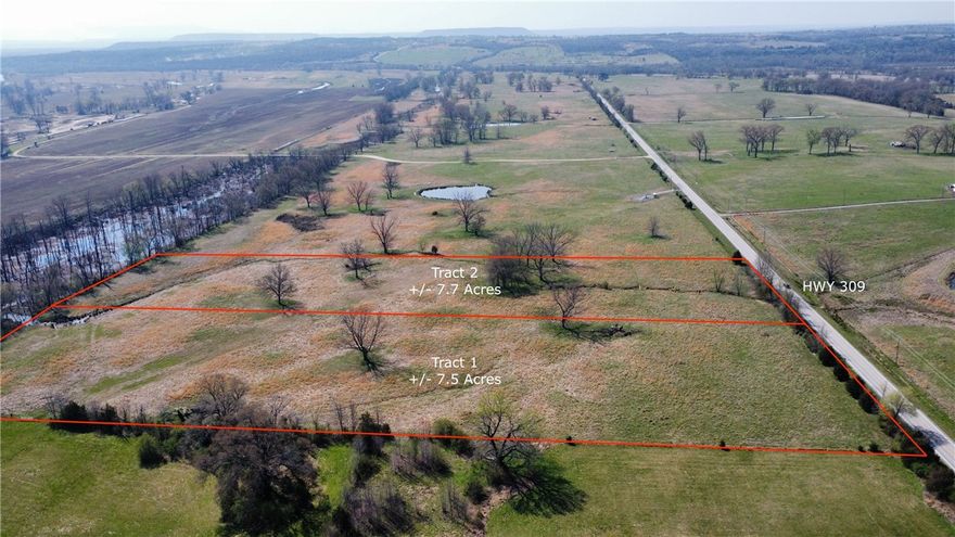 Opportunity to own +/- 7.5 acres of highway-front pastureland just south of Webb City. Build your dream home and enjoy peaceful country living just minutes from the Arkansas River. The property measures approximately 275 feet wide by 1,230 feet long, with Highway 309 bordering the west side and the slough forming the eastern boundary. The land is level and offers access to power along the highway. Conveniently located just minutes from downtown Ozark. Tract 2, (+/- 7.7) located directly south of the property is also available. Buyer is responsible for inspecting access to utilities.