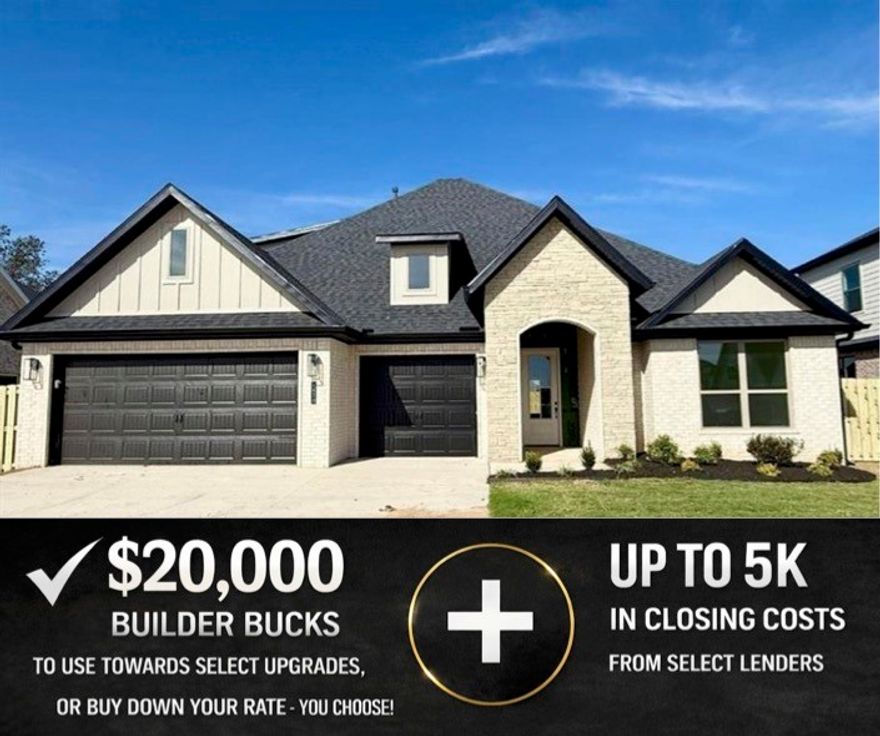 Introducing the 2600 Plan this beautifully designed 5-bedroom, 3-bath home features over 2,600 square feet of flexible, functional living space to accommodate your lifestyle. On the main level, you’ll find four spacious bedrooms, including a private primary suite tucked away with direct access to the utility room. The open-concept kitchen, dining, and living areas create a warm and connected space, perfect for everyday living or entertaining guests. Upstairs, a fifth bedroom with its own full bath. Additional highlights include a generous three-car garage with ample room for storage or hobbies, and a covered back patio featuring a cozy outdoor fireplace — ideal for relaxing evenings or weekend gatherings year-round. For a limited time, Builder Incentives: $20,000 Builder Bucks to use towards select upgrades, appliances, or buy down your rate – you choose! Plus up to 5K from select lenders. For a total of up to 25K with lender incentives! Fence, blinds, and gutters are all included.