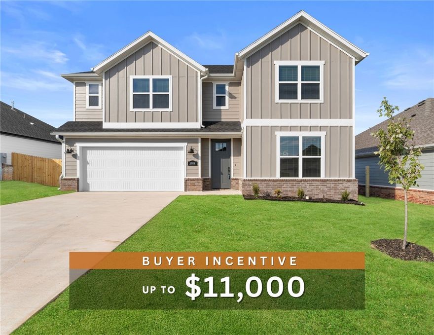 Fence, blinds and gutters included! Discover your dream home in the sought-after Osage Hills neighborhood. Delta plan with garage on the left and South facing! 9 ft ceilings, linear electric fireplace in the living room, LVP flooring throughout the main living areas and primary bedroom, quartz countertops and more. Chef's kitchen boasting frigidaire stainless steel appliances, gas range, pantry, quartz countertops, bar pull handles, large island and gorgeous backsplash. Luxurious primary bedroom features abundant natural light, while the spa-like primary bathroom offers a walk-in shower, tub, double sinks, and spacious walk-in closets. Additional features include a study on the main level, two large secondary bedrooms upstairs and a separate laundry room. Nestled on a generous lot with covered patio that overlooks the serene sodded, fully fenced backyard. Sturdy concrete siding & brick! Model home located at 6008 SW Coywolf St- Lot 122.