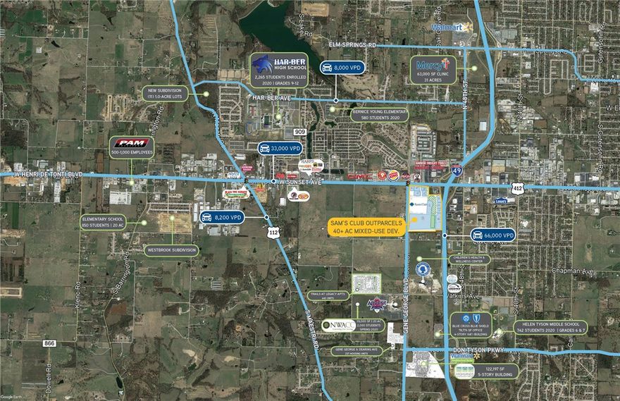 1.73 net usable acres available for sale at the southwest corner of Interstate 49 and W Sunset Avenue in Springdale, AR. Property greatly benefits from the traffic and visibility to I-49 as well as Highway 412. Surrounded by major retailers and anchored by brand-new Sam’s Club. The West Springdale submarket has experienced significant growth in retail, medical and office as well as strong residential growth. This property benefits from commuter traffic from Tontitown and Siloam Springs.
