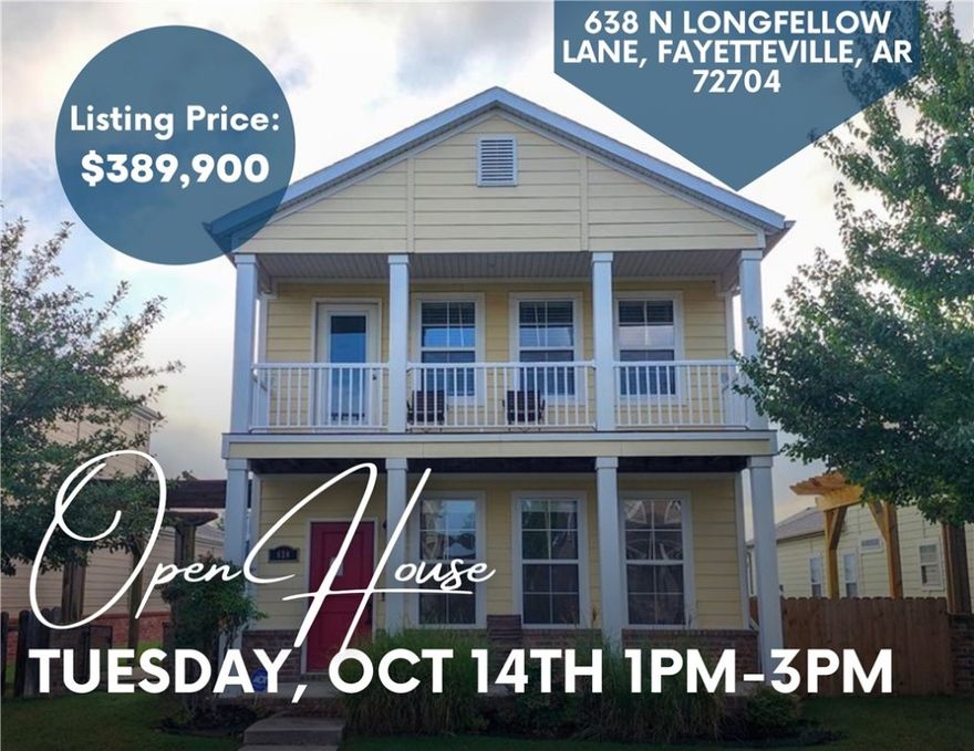 Fantastic Fayetteville location! This 3BR, 3.5BA home offers easy access to I-49 and is just minutes from the UofA, shopping, dining, and trails. Charming living room features a gas log fireplace and built-in bookshelves, while the open eat-in kitchen boasts a large island with bar seating, tiled backsplash, and stainless appliances. Split bedroom plan provides spacious bedrooms with walk-in closets and the rare bonus of a master suite on both levels. Covered porch, balcony, and private patio create perfect spots to relax or entertain. Fully fenced yard adds comfort and convenience. Move-in ready and ideal for commuters, Razorback fans, or anyone wanting quick access around NWA!