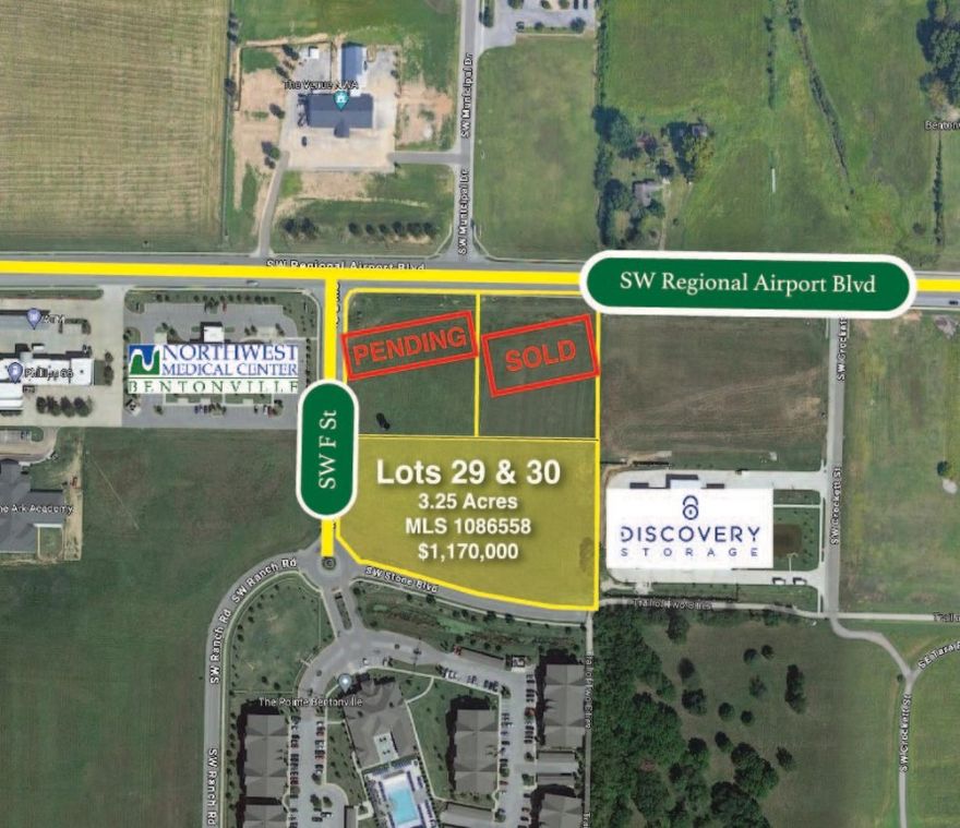 EXCEPTIONAL LOCATION!! In growing area of Bentonville. All city utilities on site. Corner of Regional Airport and F Street. Property can be subdivided into smaller lots. Perfect location for retail, professional office space. Ready to build. See additional ML# 1085853, 1085856, 1085858,