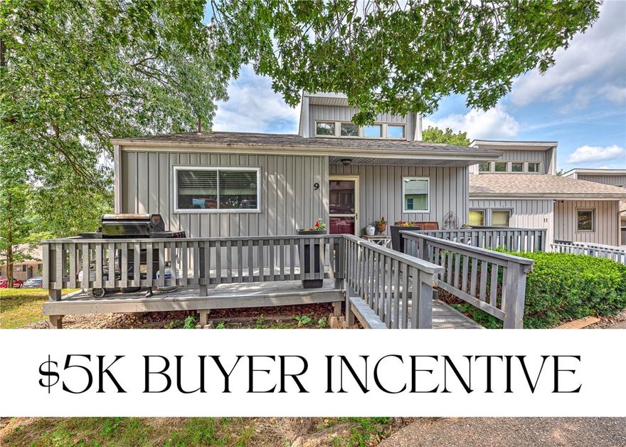 STUNNING END-UNIT TOWNHOME JUST MINUTES FROM LAKE WINDSOR, GOLF, AND SCENIC TRAILS. This beautifully maintained residence offers seasonal lake views and abundant natural light throughout. Ideally located near Kingswood Golf Course, Tanyard Creek Trail, & the well-known Crystal Cave, it provides both convenience & lifestyle. The open-concept design features soaring ceilings, hardwood floors & a bright living area with private patio access—also accessible from all 3 bedrooms. Upper level includes a spacious primary suite with dual walk-in closets, a full bath, and seamless flow between the kitchen, dining & living areas. Downstairs, two generous bedrooms, a flexible bonus room ideal for an office or guest space & a large storage closet. Exterior maintenance is handled by the City of Bella Vista. Seller offering $5,000 buyer credit at closing — use it toward repairs, updates, or closing costs and make the home your own. A great opportunity to add personal touches while securing a solid home in a desirable location.