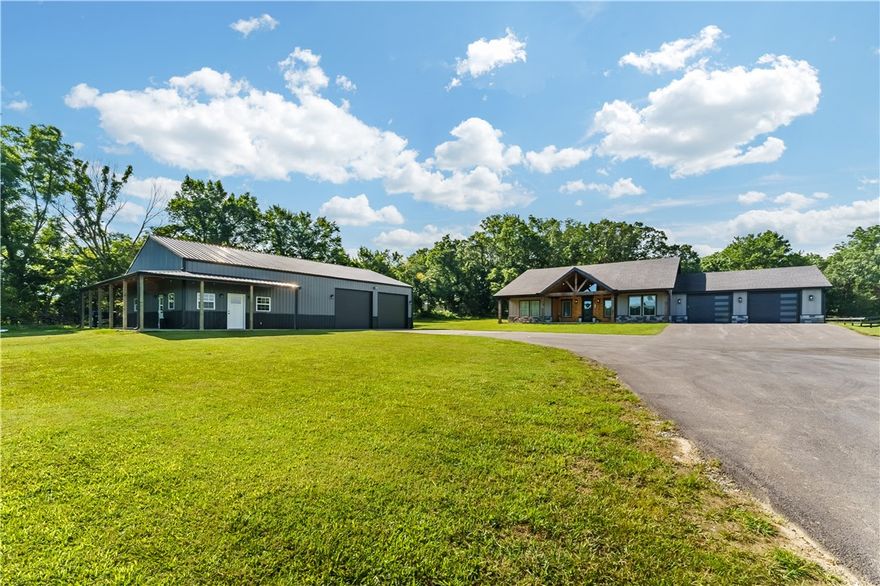 MOTIVATED SELLERS OPEN TO NEGOTIATE! Looking for your personal oasis of country living? This one checks all the boxes...modern farmhouse, shop, in-law suite, inground pool, acreage & so much more! The front porch welcomes you into this immaculate 2023 farmhouse w/ open floorplan, 3 beds, beautiful wood beams & a modern kitchen w/granite countertops, stainless appliances, pantry & large farmhouse sink w/ a window overlooking the
 backyard. Walk out to the backyard & find your personal resort including a covered patio w/ an amazing cedar ceiling, private inground pool & entertaining bar. Next to the house is a 40x60 shop that includes 960sqft of living space w/ a full in-law suite. This property backs up to the military park so you will never have neighbors behind you. Hunting blind in woods behind the house & the park's horse trail runs along the other side of the property line. Access the oversized 2 car garage thru the mudroom off the kitchen. Shop has room for 4 cars & converter for RV parking on the exterior.