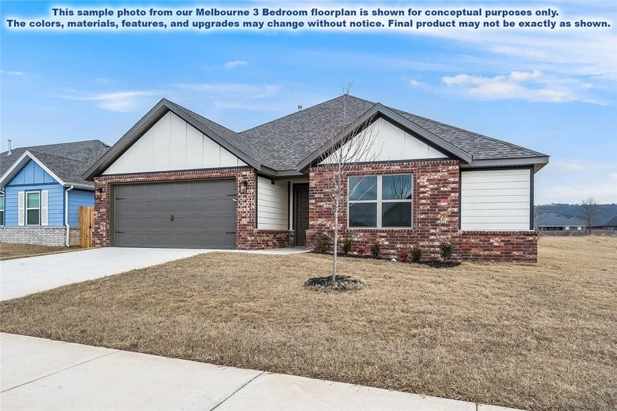 This home is based on the Melbourne 3 plan. This charming 3-bedroom, 2-bath home offers a spacious living room that flows into an elegant dining area that is perfect for relaxing or entertaining. The modern kitchen includes stainless steel appliances, generous counter space, a pantry, and a nearby laundry room for added convenience. The split-bedroom layout features a private primary suite with a walk-in shower and ample storage, while two additional bedrooms share a full bath. Enjoy outdoor living on the covered porch and patio. This home combines comfort, style, and thoughtful design for easy everyday living. Located close to Ward Nail Park, with quick access to all of NWA along Old Wire Road, this home has a very convenient location. A great opportunity to own a beautiful new construction home in one of Northwest Arkansas’ fastest-growing communities. Builder’s credit of $3,000 and Lenders Credit Up To $5,000 with Preferred Lender!