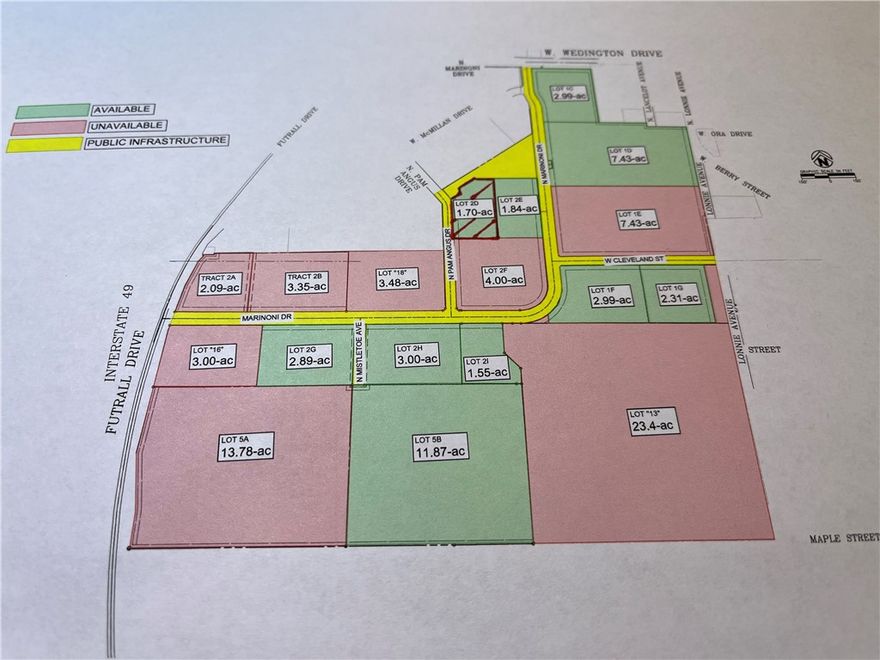 Great central location can be combined with lot to the east for a total of 3.54 acres if needed/desired.  Zoned UT- Urban Thoroughfare, high density, mixed use, up to 7 stories and administrative approval.  Properties to the north include: a double flag Marriott Hotel, restaurant and coffee shop. Properties to the south include: Double flag Hilton Hotel, two restaurants, Hyatt Hotel and two multifamily complexes.  City of Fayetteville trails park runs the entire south property line of development with proposed access along Futrall Dr.  Futrall Dr. to the west and PAM Angus Dr. will take traffic to the dedicated and newly completed entrance to I-49 and all of Northwest Arkansas.  Marinoni Dr. is a three lane street to enhance traffic flow.