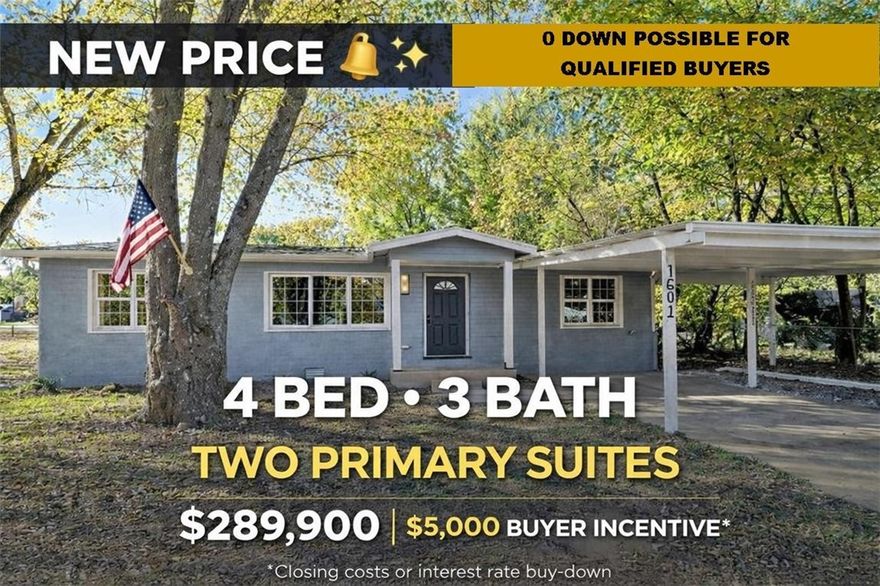 Beautifully remodeled 4BR/3BA home with a versatile split floor plan, perfect for multi-generational living. Features two spacious primary suites with private baths, located at opposite ends of the home for added privacy. Two additional bedrooms on the other side of the house. Completely renovated from the ground up, including new kitchen, bathrooms, plumbing, electrical, drywall, and insulation. Formal dining room plus flex space ideal for office or breakfast area. Nice lot with mature shade trees. 2-car carport. Move-in ready!