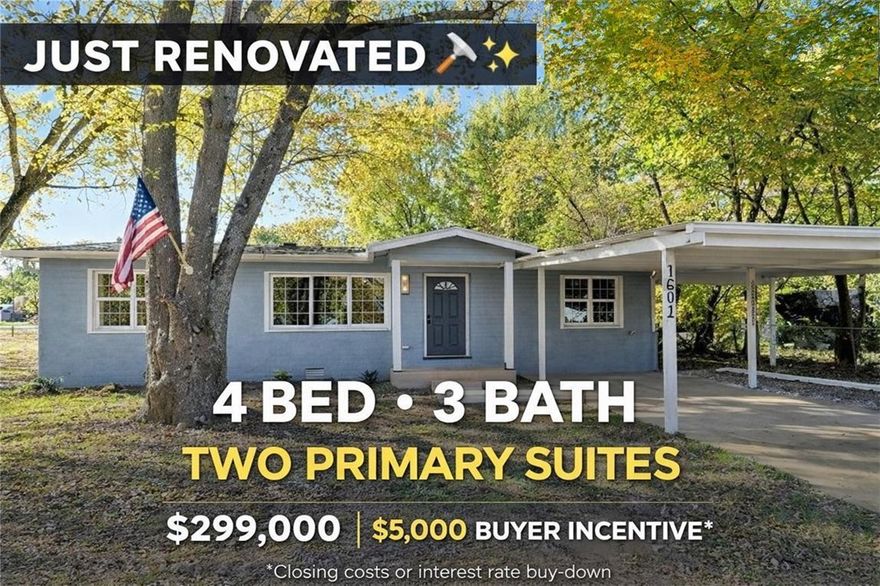 Beautifully remodeled 4BR/3BA home with a versatile split floor plan, perfect for multi-generational living. Features two spacious primary suites with private baths, located at opposite ends of the home for added privacy. Two additional bedrooms on the other side of the house. Completely renovated from the ground up, including new kitchen, bathrooms, plumbing, electrical, drywall, and insulation. Formal dining room plus flex space ideal for office or breakfast area. Nice lot with mature shade trees. 2-car carport. Move-in ready!