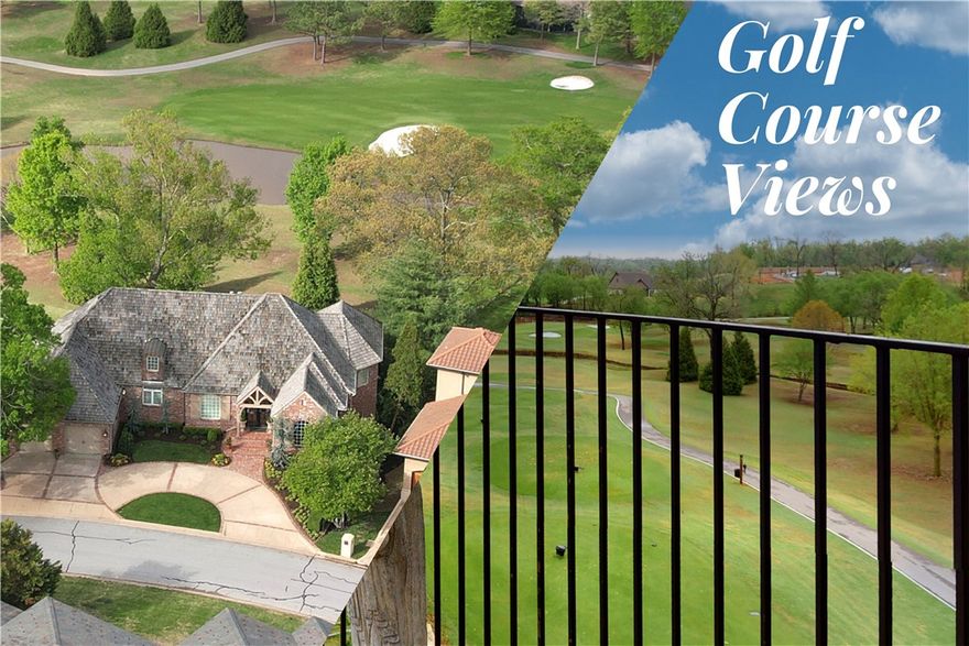 This beautiful home has 4 bedrooms each with their own bathroom, a large master closet with built-in's, kitchen with butler's pantry, laundry spaces on first and second floor, 4 fireplaces with one being double sided between the dinning room and family room, and 1,700 sq ft (m/l) of storage space with golf cart storage and workshop. This home features a private office with its own outdoor entrance and exit. This allows you to have your clients come into your office without them ever having to go through your home. You will love the beamed and cathedral ceilings, European design elements, and the historical touches with bricks from the Sears bldg in Kansas City used in the home. Relax with beautiful views in your sunroom. Entertain in your downstairs living area with wet bar and wine fridge. With views of 4 different holes on the course, you will love spending time on all three of your backyard patios/decks. Roof recently inspected with 50 years of life remaining. It's time to come view your next home!