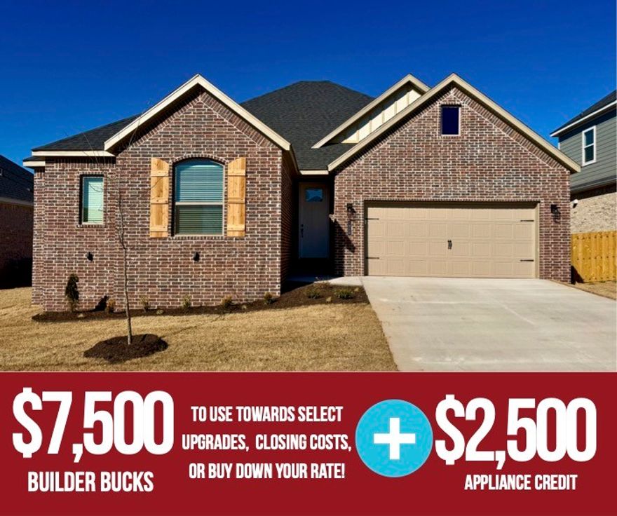 Located in Pea Ridge, Arkansas, the Yorktown Subdivision offers homes designed to accommodate diverse tastes and modern lifestyles, and this Mallard floor plan delivers 1,920 sq ft of thoughtfully crafted living space. The home features an open-concept living, dining, and kitchen area accented with durable and stylish LVP flooring, creating a seamless flow. The tiled utility room adds both functionality and durability, while thoughtful upgrades such as cabinets over the toilets provide extra storage and framed mirrors in the bathrooms add a refined, upscale touch. The three secondary bedrooms are positioned at the front of the home, with the primary suite privately located at the back on the opposite side, offering excellent separation and comfort. For a limited time, Lower your interest rate with $7,500 from the builder + $2,500 appliance allowance + up to 4k in closing costs from select lenders. For a total of up to 14K with lender incentives. Fence, blinds, and gutters are all included.