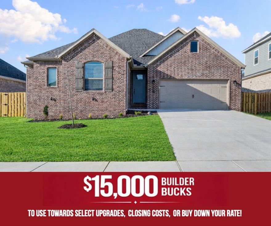 Located in Pea Ridge, Arkansas, the Yorktown Subdivision offers homes designed to accommodate diverse tastes and modern lifestyles, and this Mallard floor plan delivers 1,920 sq ft of thoughtfully crafted living space. The home features an open-concept living, dining, and kitchen area accented with durable and stylish LVP flooring, creating a seamless flow. The tiled utility room adds both functionality and durability, while thoughtful upgrades such as cabinets over the toilets provide extra storage and framed mirrors in the bathrooms add a refined, upscale touch. The three secondary bedrooms are positioned at the front of the home, with the primary suite privately located at the back on the opposite side, offering excellent separation and comfort. For a limited time, Lower your interest rate with $15,000 from the builder  + up to 4k in closing costs from select lenders. For a total of up to 19K with lender incentives. Fence, blinds, and gutters are all included.