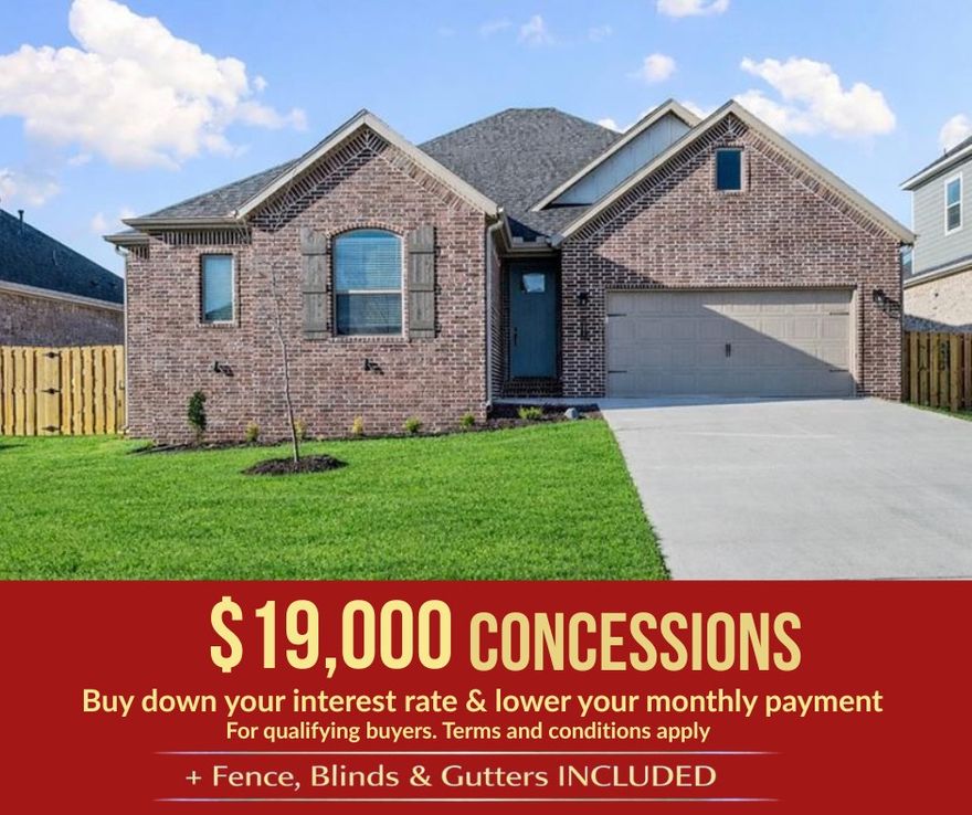 Located in Pea Ridge, Arkansas, the Yorktown Subdivision offers homes designed to accommodate diverse tastes and modern lifestyles, and this Mallard floor plan delivers 1,920 sq ft of thoughtfully crafted living space. The home features an open-concept living, dining, and kitchen area accented with durable and stylish LVP flooring, creating a seamless flow. The tiled utility room adds both functionality and durability, while thoughtful upgrades such as cabinets over the toilets provide extra storage and framed mirrors in the bathrooms add a refined, upscale touch. The three secondary bedrooms are positioned at the front of the home, with the primary suite privately located at the back on the opposite side, offering excellent separation and comfort. For a limited time, Lower your interest rate with $15,000 from the builder  + up to 4k in closing costs from select lenders. For a total of up to 19K with lender incentives. Fence, blinds, and gutters are all included.